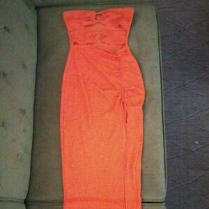 SHEIN Orange Strapless Midi Dress with Cutouts & Ring Detail